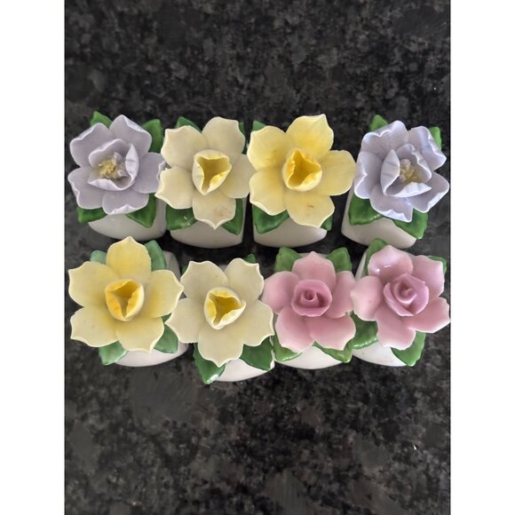 Set Of 8 Diamantine China Floral Napkin Rings Pink Roses & Yellow Daffodils - Picture 2 of 16